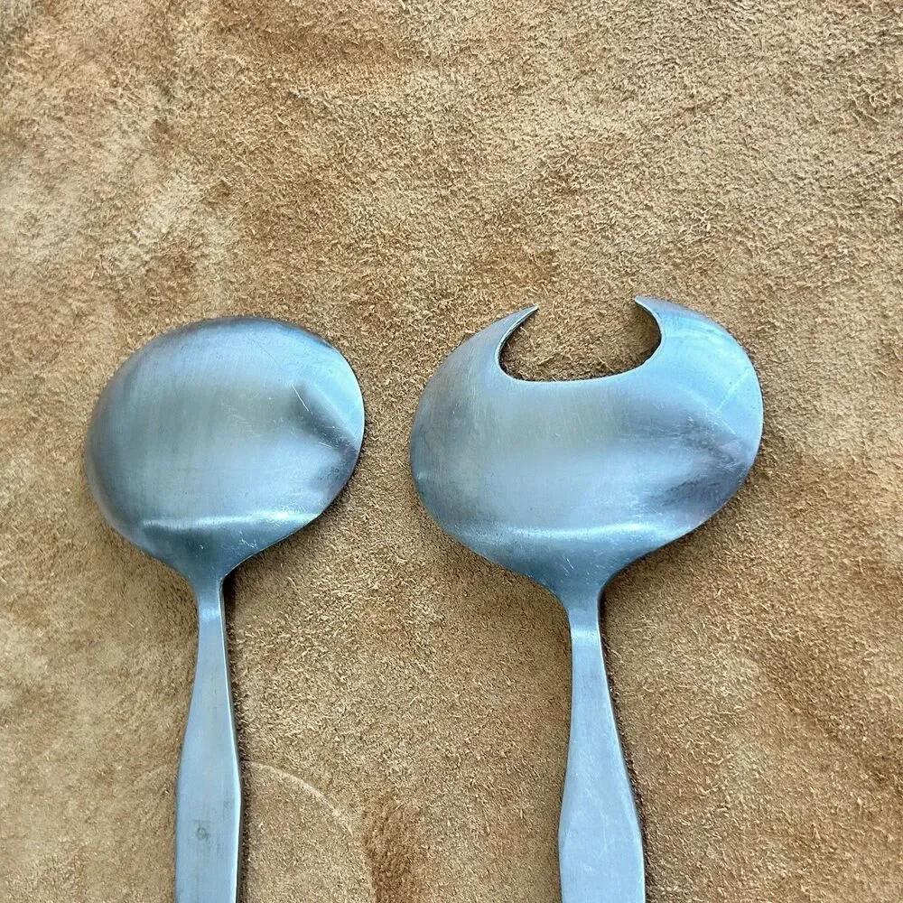 Vintage MCM Salad Serving Spoons Japan Solid Stainless Steel Utensils Set 11”